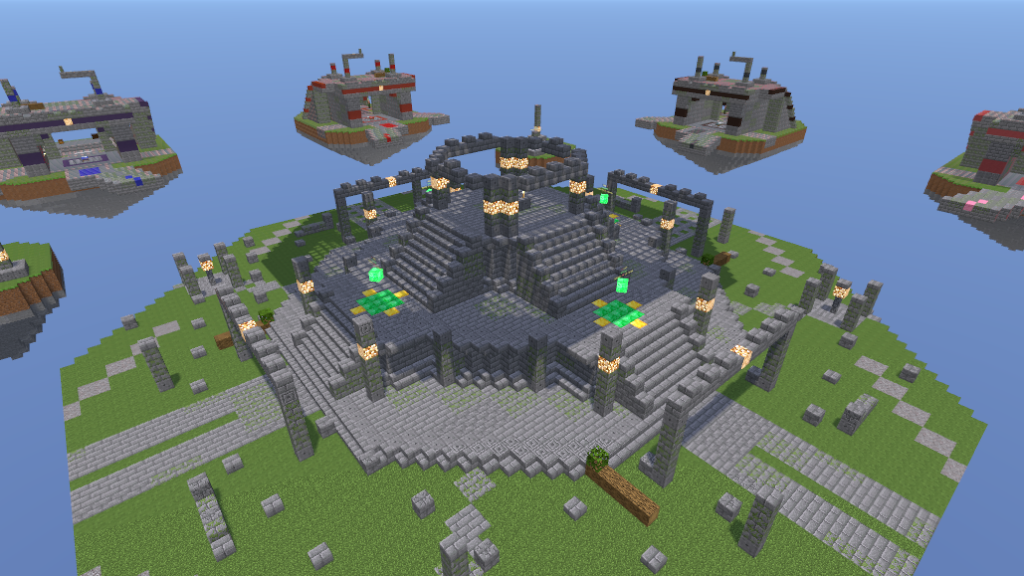 The centre island of Mossfall Sanctuary, with emerald generators either side and bases floating in the distance