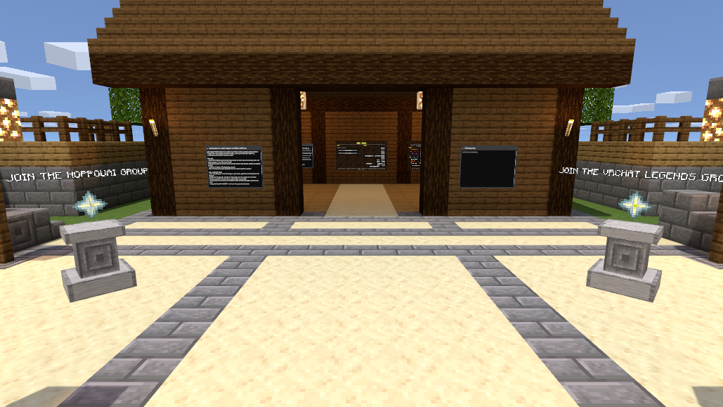 The lobby island plaza with the Bed Wars board and the shop board