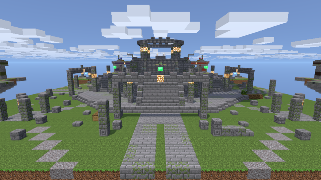 A mossy stone temple base with a bridge running out towards the middle