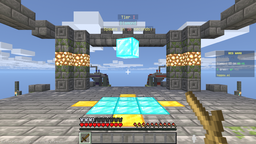 In game view showing a diamond outpost with the scoreboard, hotbar and a live generator timer