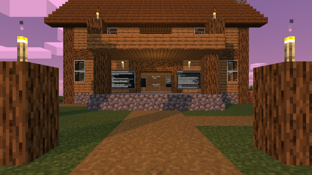 The lobby house at sunset in Minecraft VRChat Edition