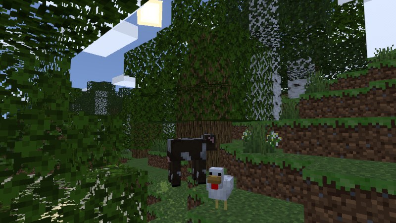 Sunlight breaking through oak leaves onto a cow and chicken in a forest clearing