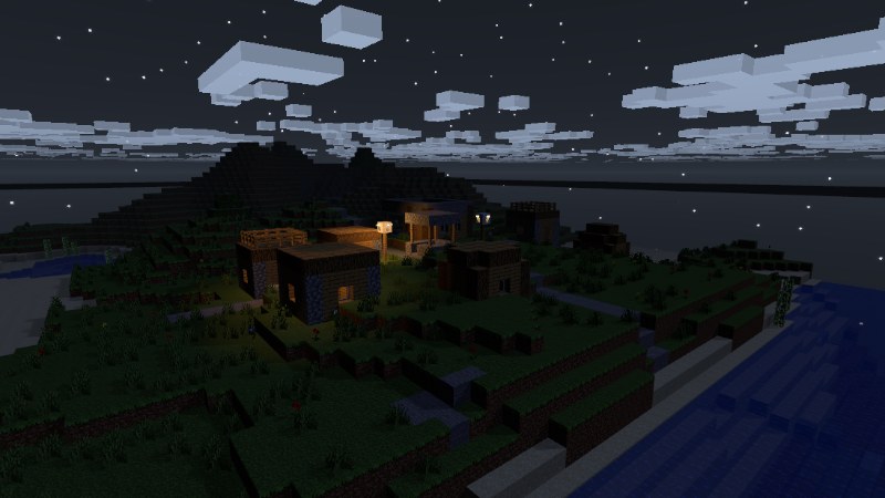 The village at night under the stars with glowing lanterns