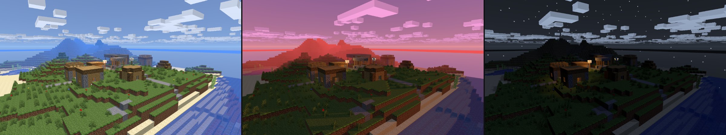 The same village shore at day, sunset, and night in Minecraft VRChat Edition