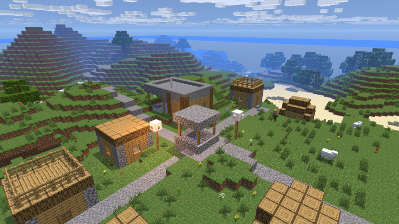 A generated village in Minecraft VRChat Edition, with houses, a well, farms and sheep